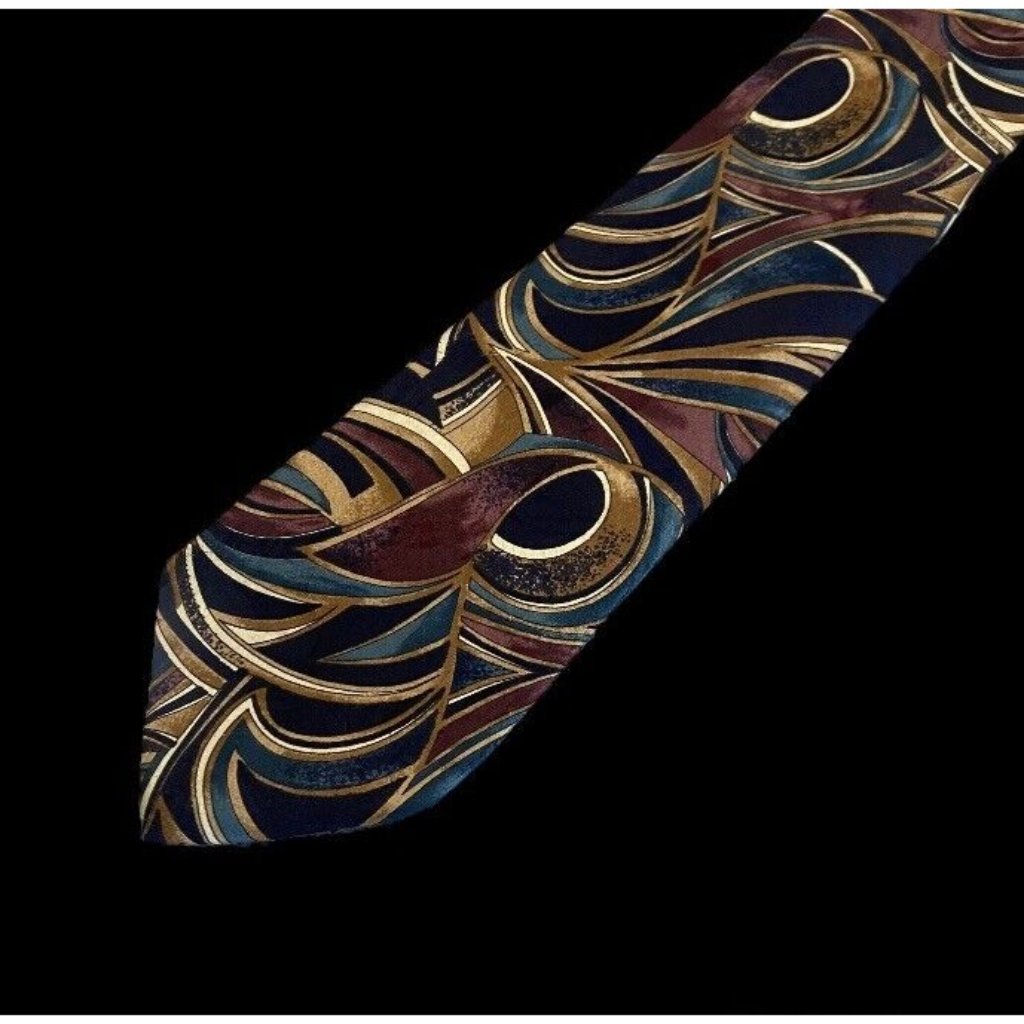 Italian Mens Neck Tie 100% Silk Park Avenue Burgundy Turquoise Brown Swirls